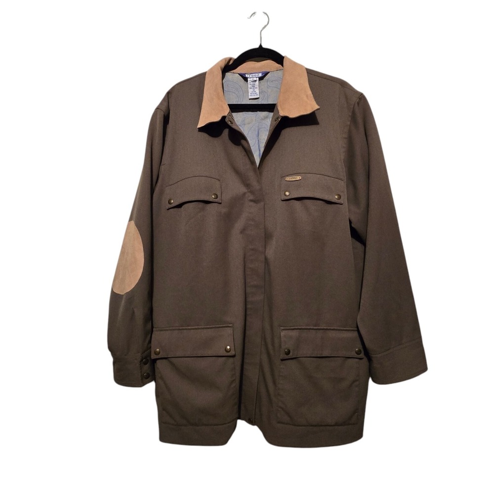 Austin Reed Field Jacket XL Chore Barn Coat Olive Leather Collar Elbow Gorpcore